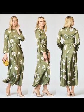 Sachin & Babi Tyra Green Floral Tea Length Empire Waist Dress Size 14
